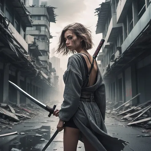 Prompt: futuristic apocalyptic cityscape, young woman traveling alone through the city her clothes torn she is carrying a samurai sword