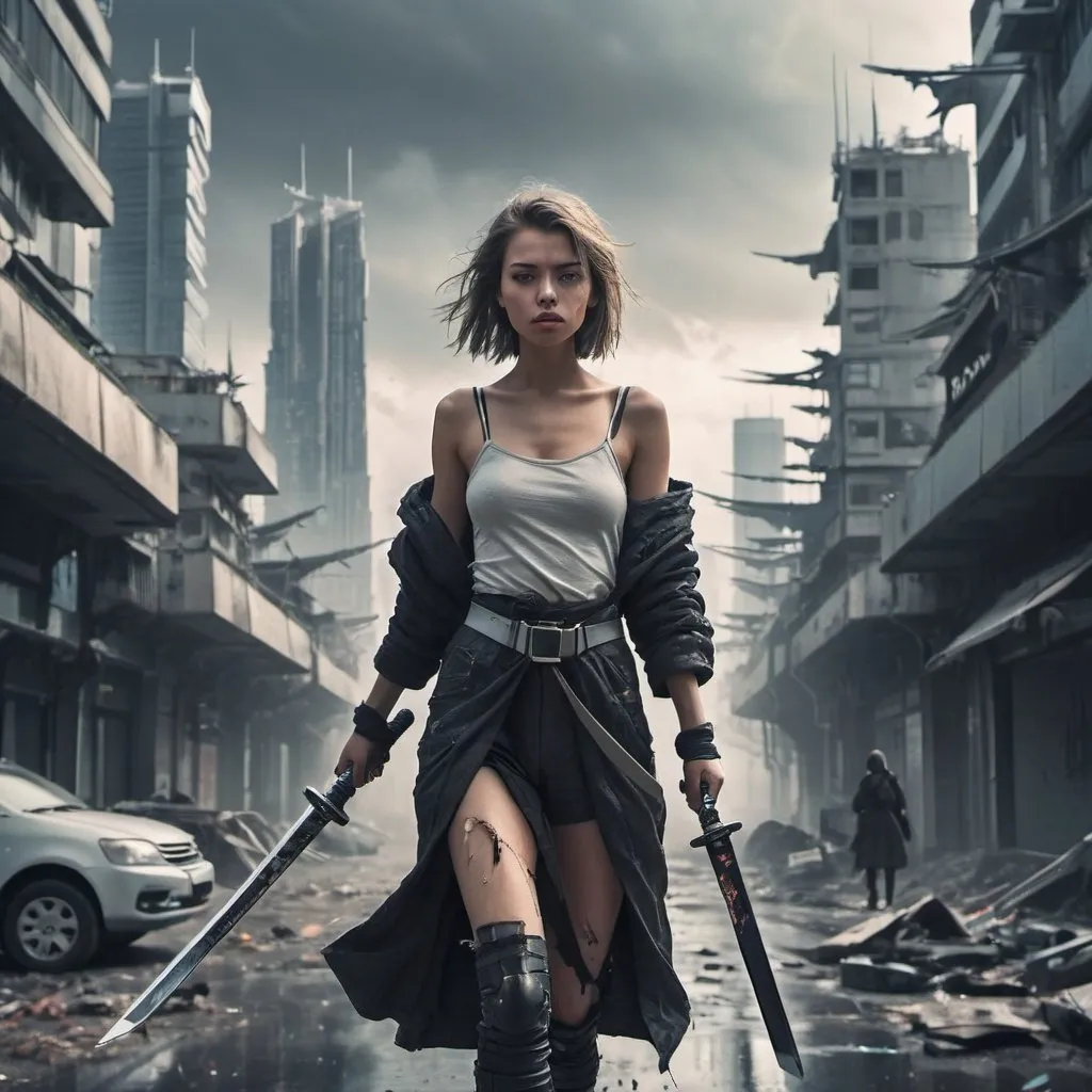 Prompt: futuristic apocalyptic cityscape, young woman traveling alone through the city her clothes torn she is carrying a samurai sword