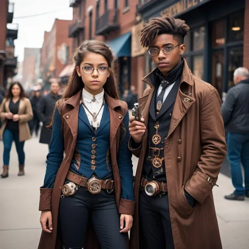 Prompt: far away camera shot, steampunk city street, 15 year old black boy, steampunk glasses on, long coat, gadgets hanging out of pockets, young Hispanic woman next to him, shoulder length brown hair, deep blue eyes, tight fitting outfit, copper wiring on her outfit, a steampunk pistol in her hand