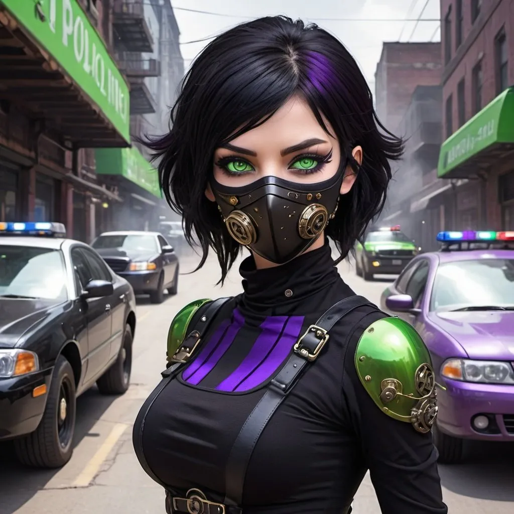Prompt: steampunk city young normal eyed woman, all black tight ninja outfit, futuristic face mask,  bright green eyes, shoulder length black hair with a purple stripe in the bangs of her hair, escaping male androids, steampunk police cars in the background