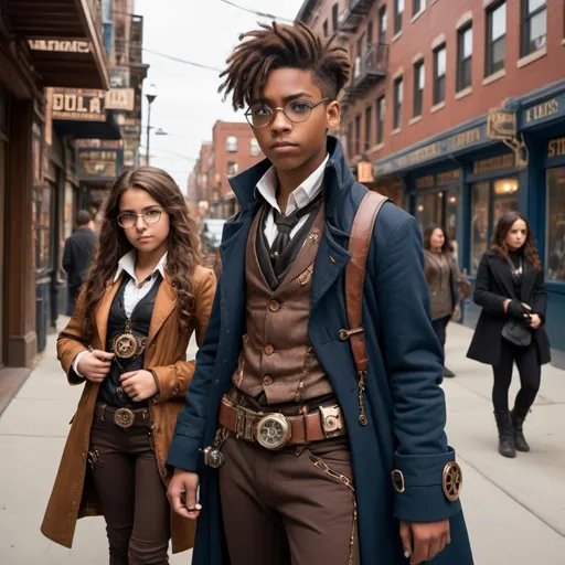Prompt: far away camera shot, steampunk city street, 15 year old black boy, steampunk glasses on, long coat, gadgets hanging out of pockets, young Hispanic woman next to him, shoulder length brown hair, deep blue eyes, tight fitting outfit, copper wiring on her outfit, a steampunk pistol in her hand