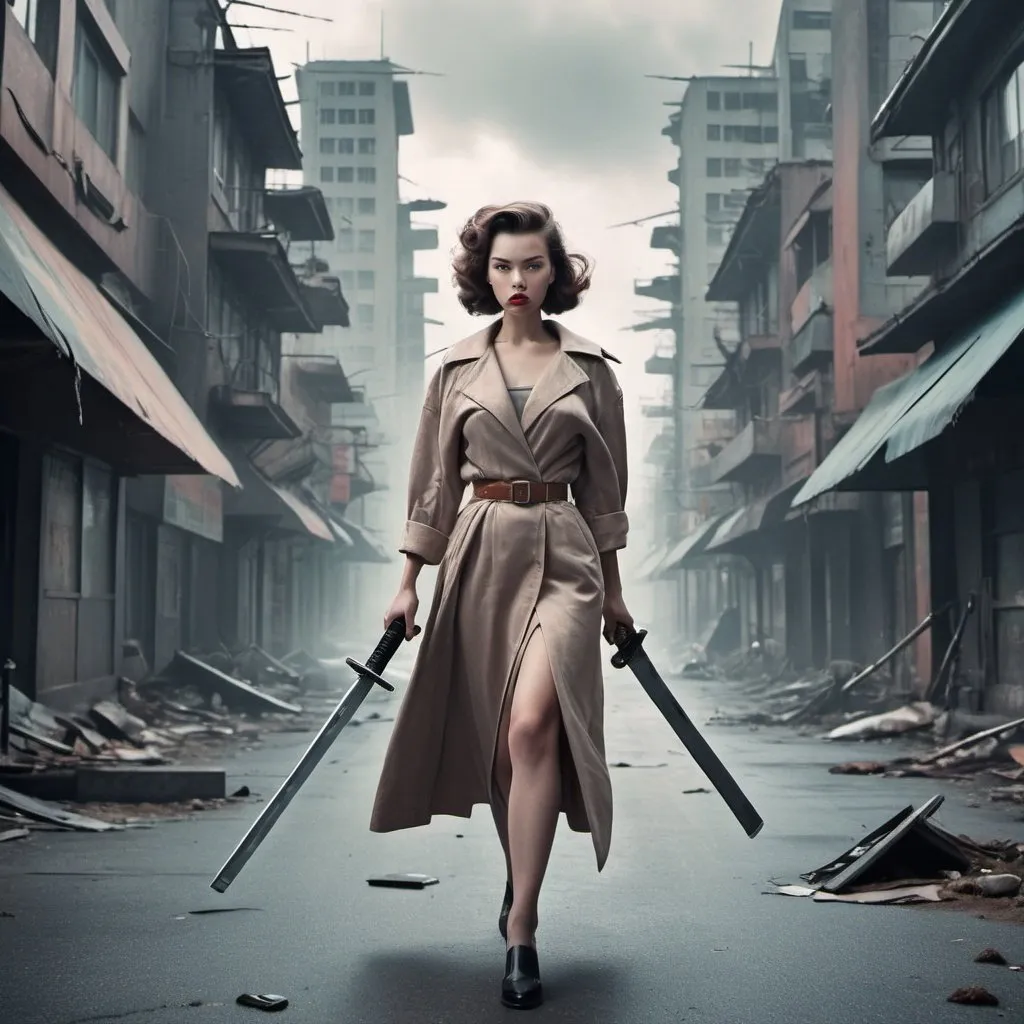 Prompt: 1950's style futuristic apocalypse cityscape, young woman traveling alone through the city her clothes torn she is carrying a samurai sword