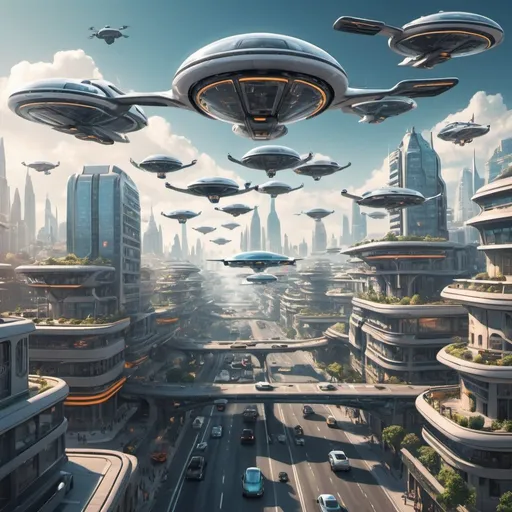 Prompt: futuristic cityscape, many flying vehicles in the airways of the cities, some are convertible vehicles, mostly humans driving vehicles, few aliens driving vehicles, flying cars, flying trucks, flying delivery vehicles, flying hoverbikes
