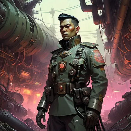 Prompt: An ominous and gloomy Atompunk Filipino Male Imperial Warhammer 40k Officer in the middle of a doomed junkyard full of hanging hoses and multicolored neon circuitry glowing in the darkness , a stunning Alphonse Mucha's masterpiece in <mymodel> sci-fi retro-futuristic art deco artstyle by Anders Zorn and Joseph Christian Leyendecker , neat and clear tangents full of negative space , a dramatic lighting with detailed shadows and highlights enhancing depth of perspective and 3D volumetric drawing , a vibrant and colorful high quality digital painting in HDR