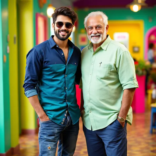 Prompt: In a brightly colored indoor setting, two men pose together, exuding a relaxed, cheerful demeanor. The younger individual on the left wears stylish sunglasses and a vibrant, multicolored button-up shirt that blends shades of blue and green, paired with blue jeans adorned with small patches. Beside him, the older man sports a lighter green shirt with a subtle texture and darker blue trousers, presenting a polished look. The background features vivid walls with bright accents, suggesting a playful and lively atmosphere, and the patterned flooring adds a touch of character to the scene. Their relaxed postures convey a sense of camaraderie, capturing a moment of lightheartedness and celebration.