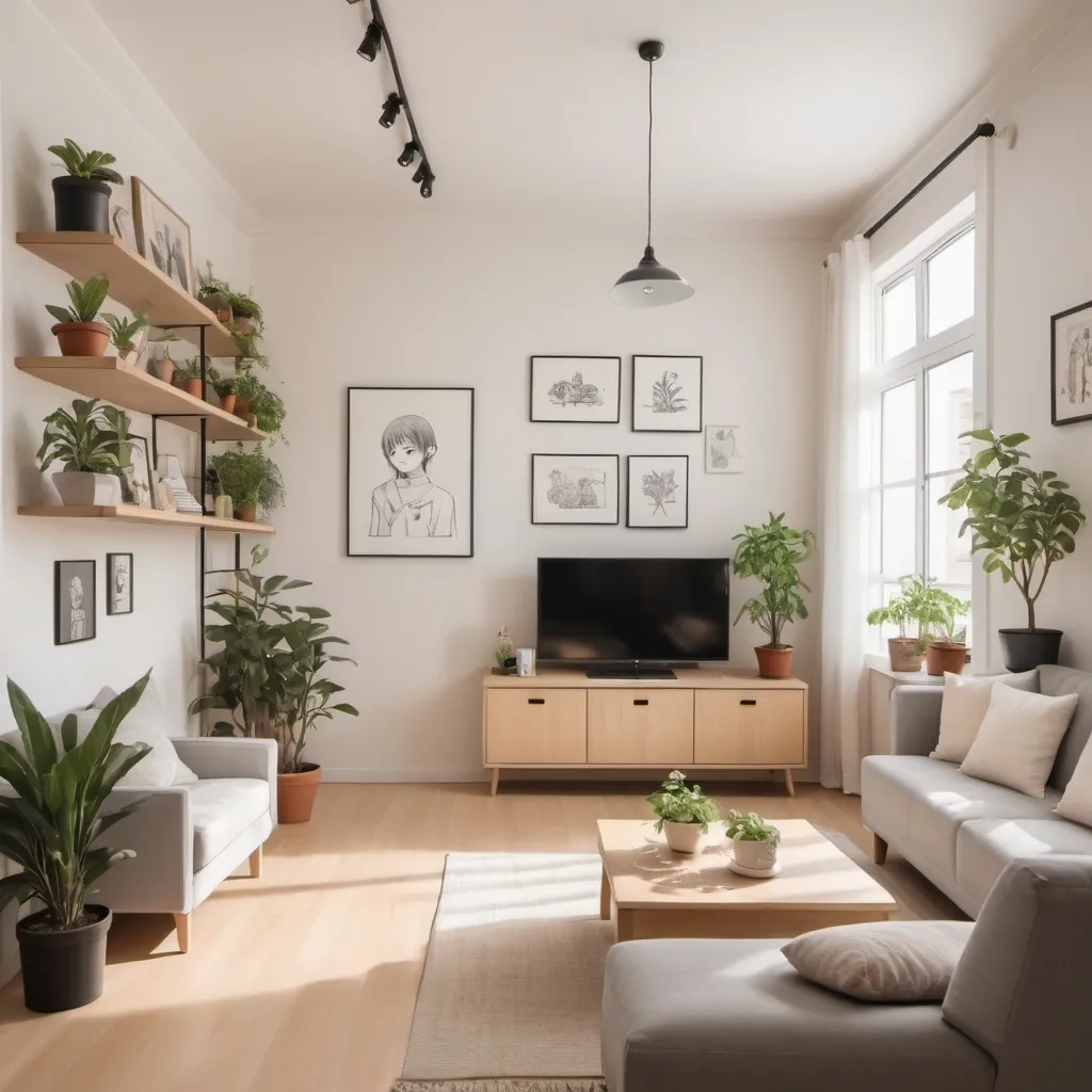 Prompt: (manga style) living room with an American kitchen, a two-seat sofa facing a TV sitting on a bookshelf, next to a small table, paintings on the walls, and some plants. Beautifully decorated but simple, elegant