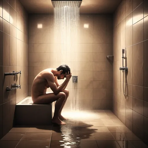 Prompt: an anime-style image of a man sitting in his shower, he looks desperate, facing down, with water running on him from the shower head, in a luxurious bathroom