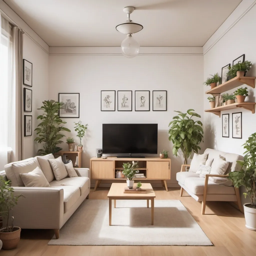 Prompt: (manga style) living room with an American kitchen, a two-seat sofa facing a TV sitting on a bookshelf, next to a small table, paintings on the walls, and some plants. Beautifully decorated but simple, elegant