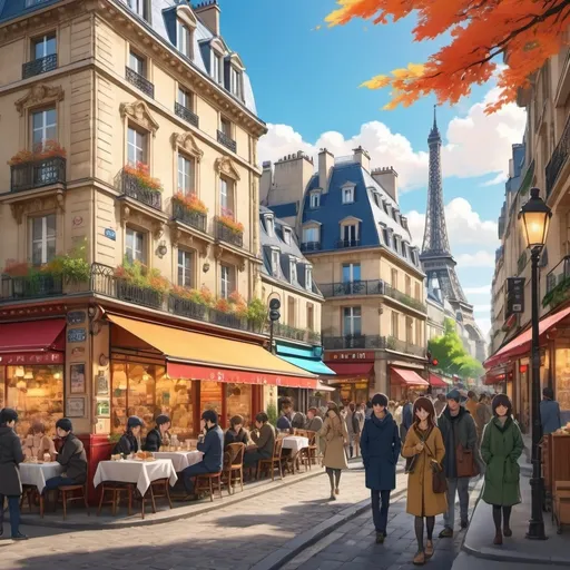 Prompt: An anime view of downtown Paris with a mix of iconic historic building and people looking happy, with merchants selling clothes, food items and others, and happy looking customers
