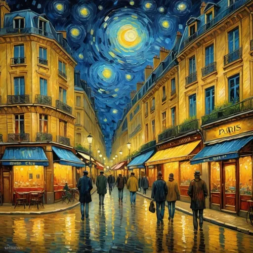 Prompt: (Van Gogh style) view of Paris by night, with people wandering around, shops, and a dim cozy light 