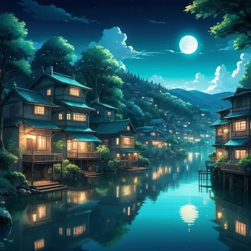 Prompt: (anime cityscape at night), vibrant lights from street lamps and houses, forest surrounding the city, serene lake, deep blues, soft glowing highlights, detailed architecture, calm and peaceful vibe, ultra-detailed, high quality, cinematic depth.