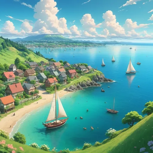 Prompt: a Miyazaki-style view of the ocean with sailing boats, with a small village in the front and green meadows