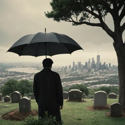 Prompt: an image of a man holding an umbrella, with a sad expression on his face, looking at a grave, on a hill, next to a tree, with a city in the background