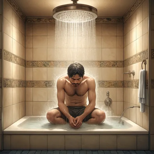 Prompt: a Miyazaki style image of a man sitting in his shower, he looks desperate, facing down, with water running on him from the shower head, in a luxurious bathroom