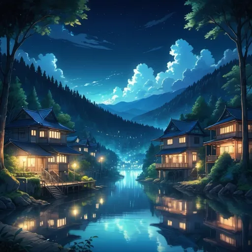 Prompt: (anime cityscape at night), vibrant lights from street lamps and houses, forest surrounding the city, serene lake, deep blues, soft glowing highlights, detailed architecture, calm and peaceful vibe, ultra-detailed, high quality, cinematic depth.