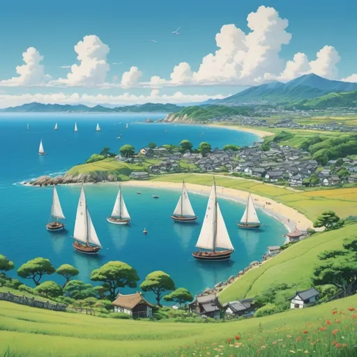 Prompt: a Miyazaki-style view of the ocean with sailing boats, with a small village in the front and green meadows