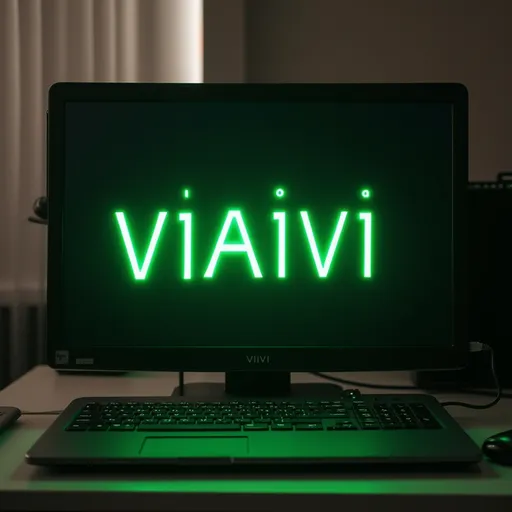 Prompt: A computer with "VIAIVI" in green writing with the A flickering back and forth between an A and a V