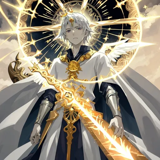 Prompt: "Create a manga-style cover for 'Da Spirito Master,' an epic anime featuring divine battles and spiritual awakening. The central figure, Zayuso, stands at the forefront, wearing radiant armor etched with sacred inscriptions from the Torah and the Bible, glowing with celestial energy. He wields a futuristic silver sword imbued with fire and lightning, its hilt adorned with a small cross. Surrounding him, ethereal flames and arcs of electricity swirl dynamically. Behind Zayuso, a luminous, towering cross and the tablets of the Ten Commandments float in an ethereal, glowing aura. The backdrop features a stormy sky pierced by beams of divine light, with faint images of angels holding swords and shields. The title 'Da Spirito Master' is written in bold, gold-and-silver font, shimmering with heavenly light. The design incorporates other biblical elements like a menorah subtly glowing in the corner and a crown of thorns suspended in radiant light near the top of the frame. The overall tone is dramatic, spiritual, and otherworldly."