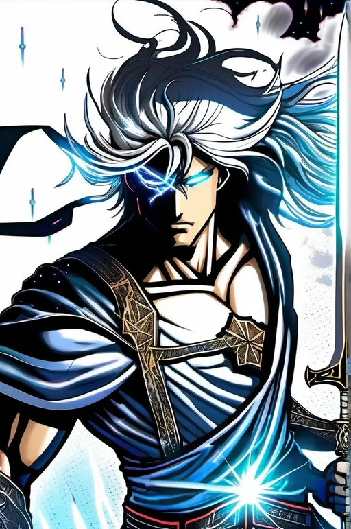 Prompt: "An epic manga-style cover featuring Zayuso, the Silver Spirit, standing heroically under a stormy night sky. His appearance is striking, with flowing silver hair glowing faintly in the moonlight and piercing eyes that radiate electric blue energy. He wields a sleek, futuristic sword crackling with lightning, held upright as a beacon of power and determination. His armor glows with divine inscriptions, reflecting celestial light, and his aura blends fire, electricity, and sound waves, swirling dramatically around him. In the background, dark shadowy figures lurk, their red ember eyes glowing menacingly. The city skyline looms faintly in the distance, with a massive constellation of a blazing sword shining through the stormy clouds above. The title 'Zayuso: The Silver Spirit' is prominently displayed in bold, dynamic typography at the bottom, with intricate holy symbols subtly incorporated into the design."