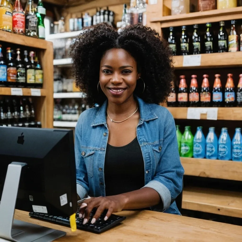 Prompt: a black woman holding a computer beside a drinks aley in her shop