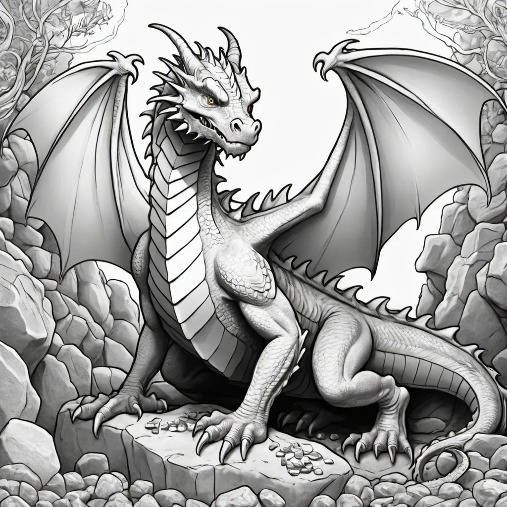 Prompt: Draw me a coloring book page about a dragon guarding its hoard of gold
