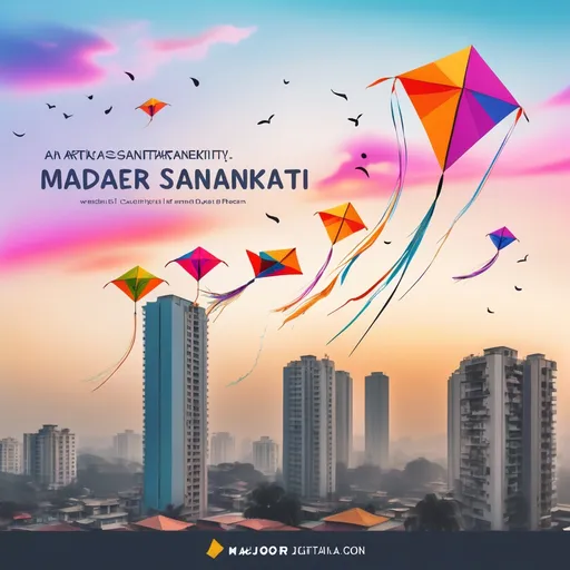 Prompt: An artistic depiction of a vibrant Makar Sankranti celebration, featuring kites soaring high in a bright, colorful sky. Integrate digital elements like website dev, ai, social media platforms , etc, it should look like a digtal marketing agency post. The major colour we should use are blue and white