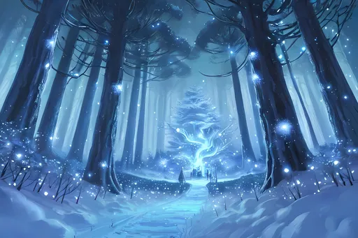 Prompt: Fantasy snow forest with fireflies 