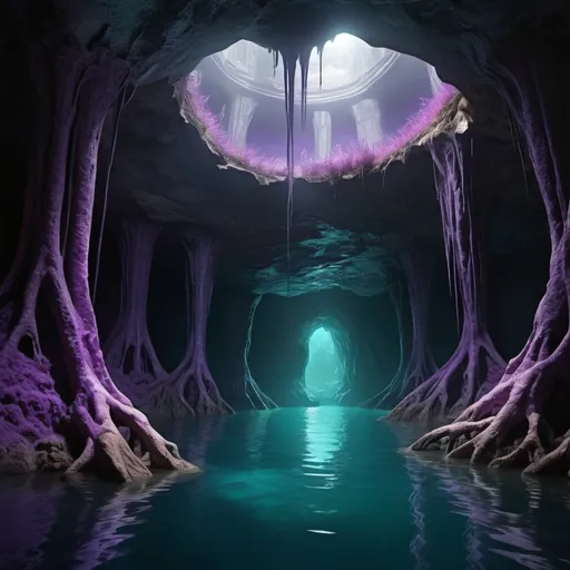 Prompt: Underground domed cavern with giant taproot into purple water, dark fantasy