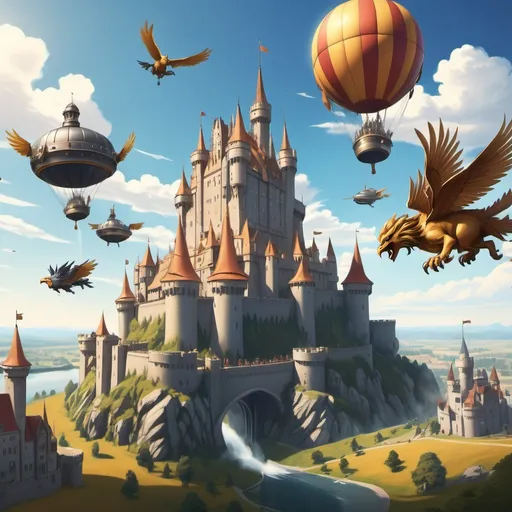 Prompt: Huge Kingdom with air ships and gryphons flying around the castle on a sunny day