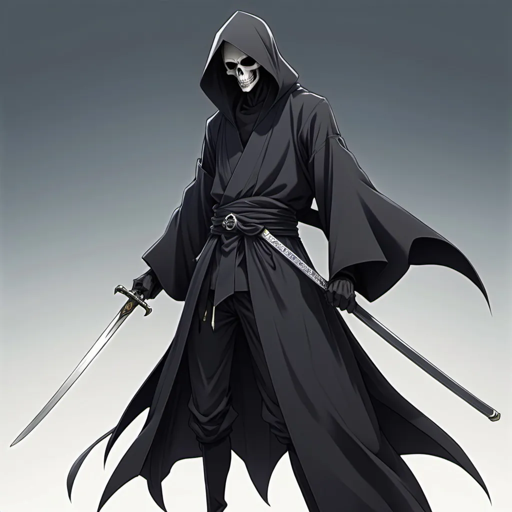 Prompt: an anime swordsman that dresses like the grim reaper