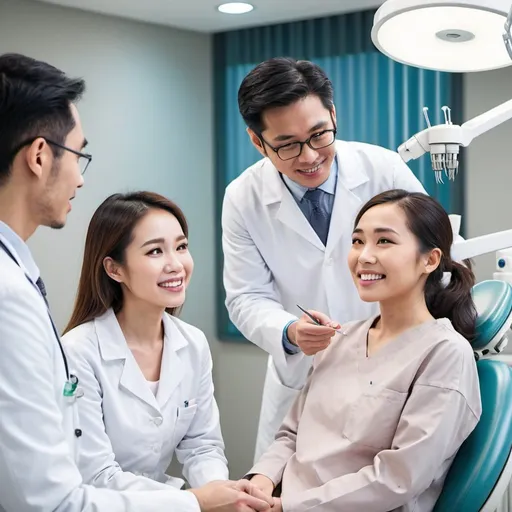 Prompt: Two Asian doctors discussing with an Asian female patient in a modern dental clinic, showcasing dental equipment, bright lighting, and a calm atmosphere --focus on professional interaction and patient care
