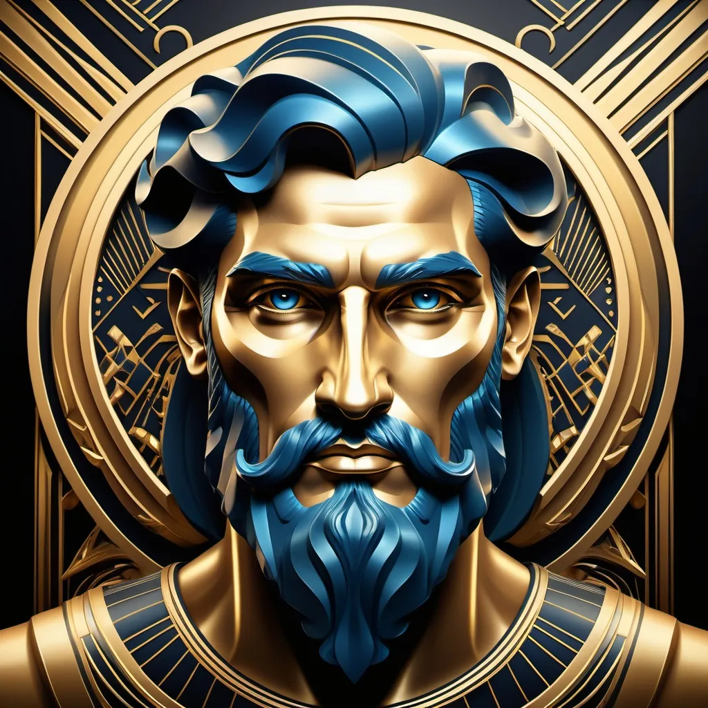 Prompt: (Poseidon portrait), (Art Deco style), futuristic elements, sleek geometric shapes, golden accents, sleek lines, deep black background, luxurious details, dramatic lighting, mystique atmosphere, ornate patterns, high-quality artwork, vivid contrast, retro-futurism influences, captivating and elegant portrayal.