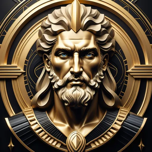 Prompt: (Poseidon portrait), (Art Deco style), futuristic elements, sleek geometric shapes, golden accents, sleek lines, deep black background, luxurious details, dramatic lighting, mystique atmosphere, ornate patterns, high-quality artwork, vivid contrast, retro-futurism influences, captivating and elegant portrayal.