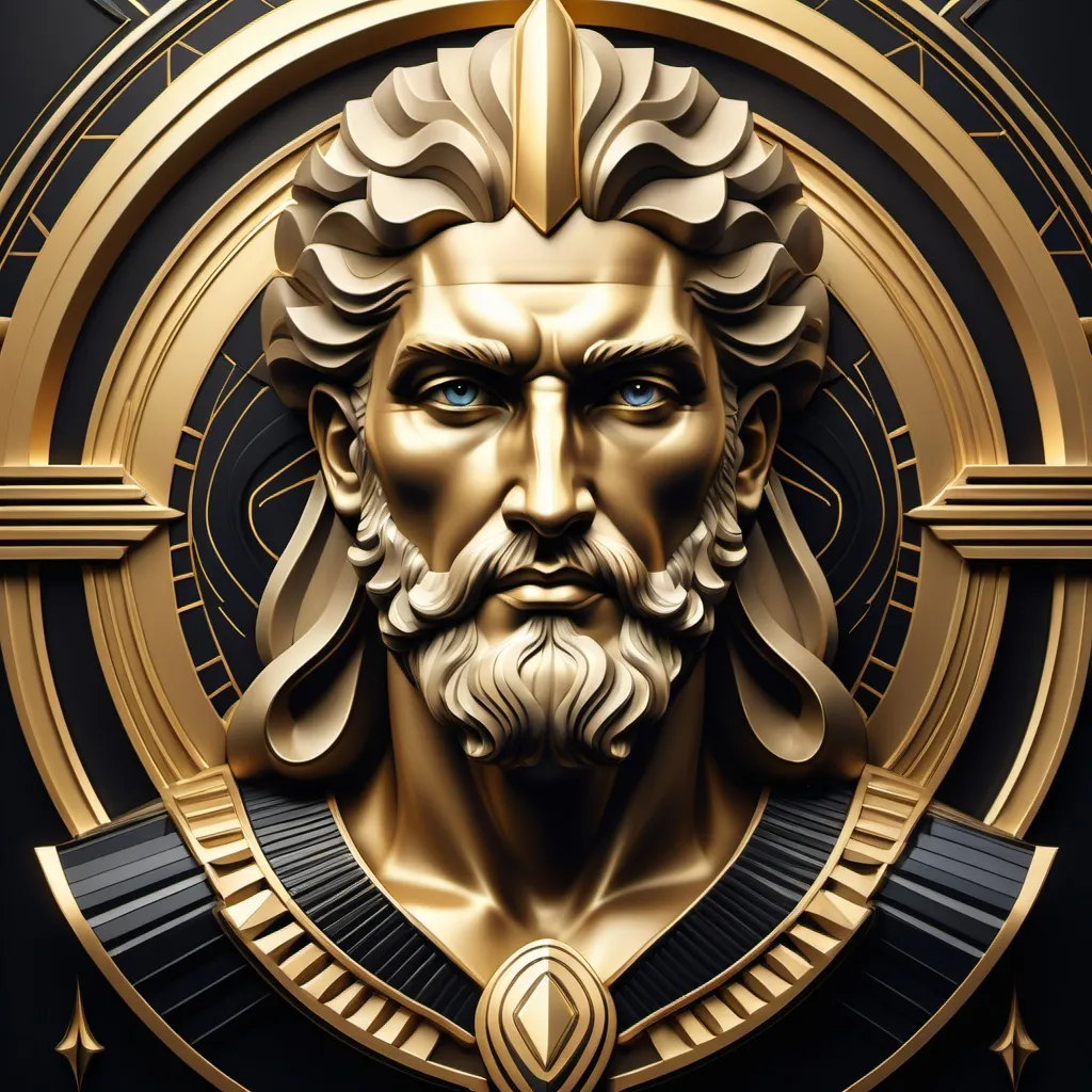 Prompt: (Poseidon portrait), (Art Deco style), futuristic elements, sleek geometric shapes, golden accents, sleek lines, deep black background, luxurious details, dramatic lighting, mystique atmosphere, ornate patterns, high-quality artwork, vivid contrast, retro-futurism influences, captivating and elegant portrayal.