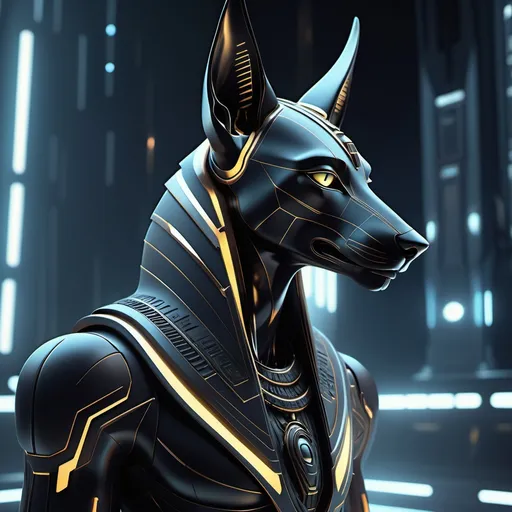 Prompt: (futuristic Anubis), sleek, intricate designs, glowing accents, sharp geometrical shapes, dark color tones with hints of metallic silver, cool lighting effects, surreal background featuring futuristic structures, immersive atmosphere, high-tech elements, digital aesthetics, ultra-detailed, sci-fi theme, 4K resolution.