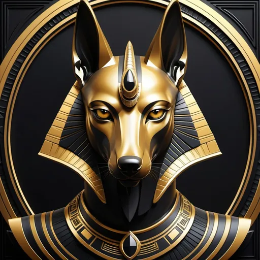 Prompt: (Anubis portrait), (Art Deco style), futuristic elements, sleek geometric shapes, golden and silver accents, sleek lines, deep black background, luxurious details, dramatic lighting, mystique atmosphere, ornate patterns, high-quality artwork, vivid contrast, retro-futurism influences, captivating and elegant portrayal.