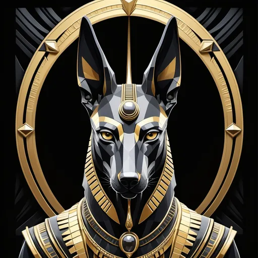 Prompt: (Anubis portrait), (Art Deco style), futuristic elements, sleek geometric shapes, golden and silver accents, sleek lines, deep black background, luxurious details, dramatic lighting, mystique atmosphere, ornate patterns, high-quality artwork, vivid contrast, retro-futurism influences, captivating and elegant portrayal.