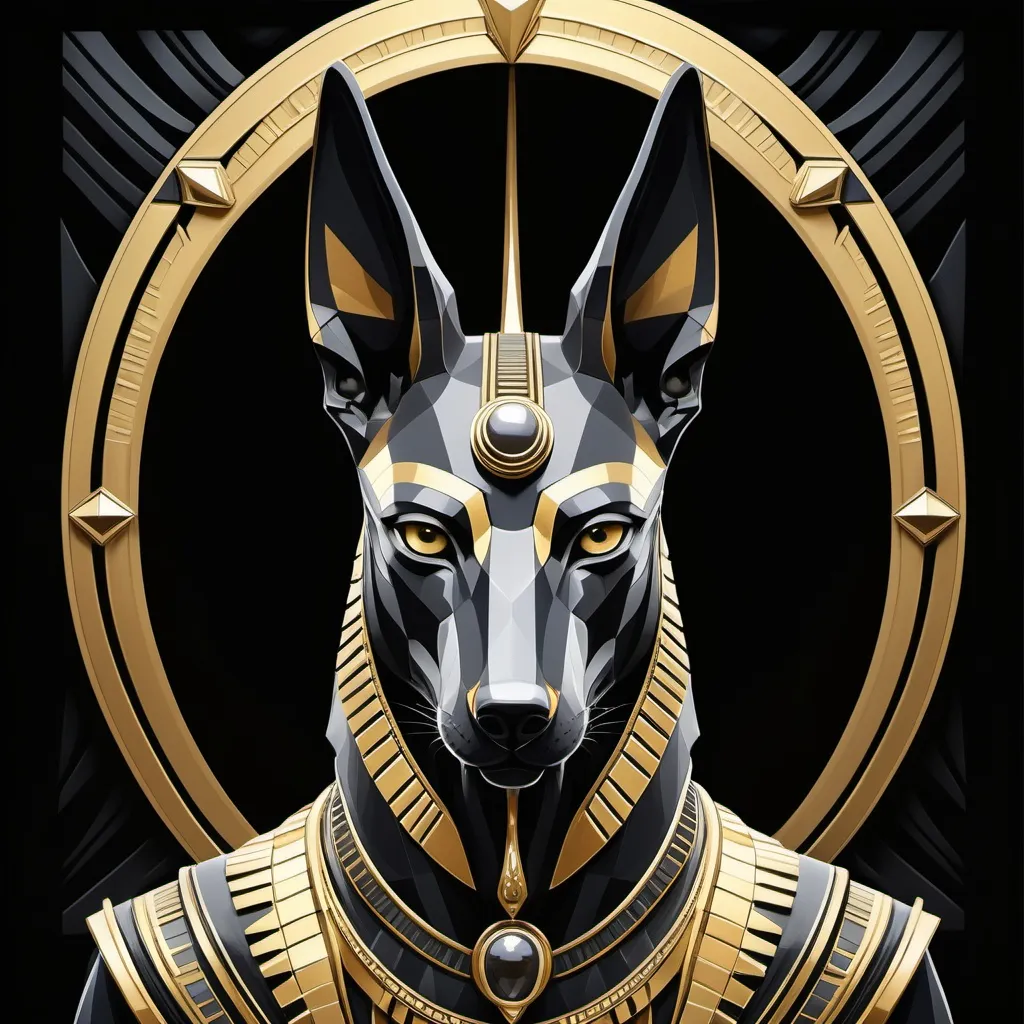 Prompt: (Anubis portrait), (Art Deco style), futuristic elements, sleek geometric shapes, golden and silver accents, sleek lines, deep black background, luxurious details, dramatic lighting, mystique atmosphere, ornate patterns, high-quality artwork, vivid contrast, retro-futurism influences, captivating and elegant portrayal.