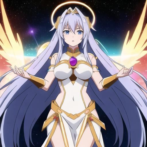 Prompt: Goddess. beautiful.anime.cosmic background.long hair