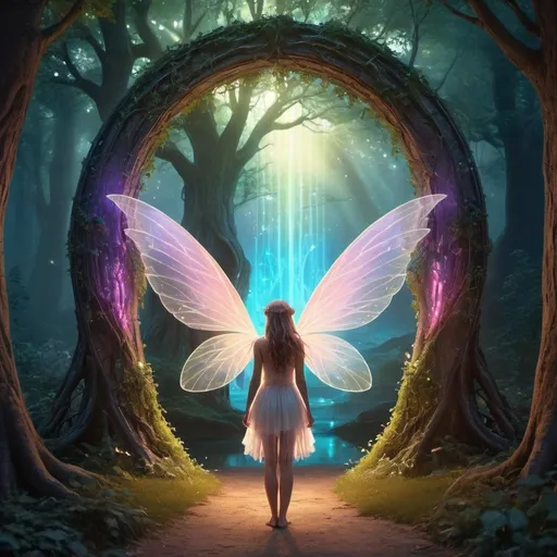 Prompt: Fairy girl standing in front of magical portal, fantasy landscape, ethereal glow, detailed wings, mystical trees, high quality, fantasy, fairy, magical portal, enchanting, detailed wings, fantasy landscape, ethereal glow, mystical trees, vibrant colors, atmospheric lighting