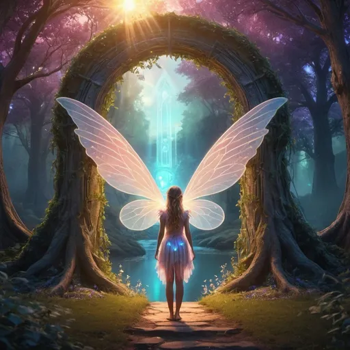 Prompt: Fairy girl standing in front of magical portal, fantasy landscape, ethereal glow, detailed wings, mystical trees, high quality, fantasy, fairy, magical portal, enchanting, detailed wings, fantasy landscape, ethereal glow, mystical trees, vibrant colors, atmospheric lighting