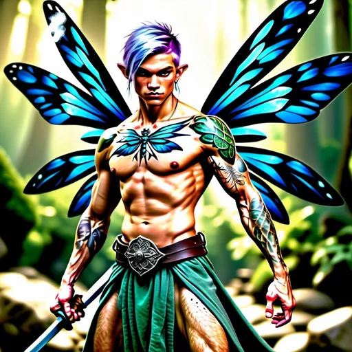 Prompt: Strong, male fairy warrior with tattoos, large dragonfly wings, and elfin appearance, wielding a single battle axe