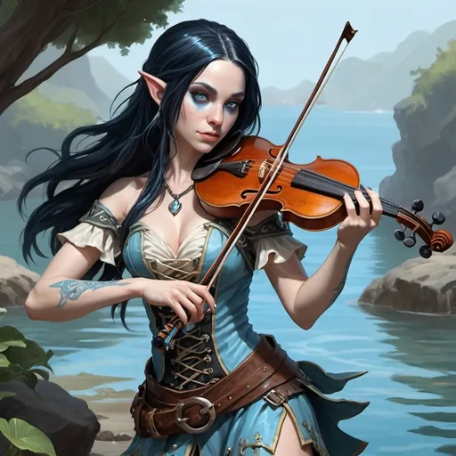 Prompt: Female aquatic elf pirate bard with shoulder length black hair and pale blue skin wielding a fiddle