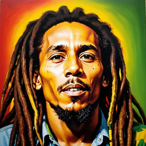 Prompt: Bob Marley portrait with vibrant Rastafarian colors, reggae music vibes, realistic oil painting, iconic dreadlocks, peaceful and serene expression, warm and vibrant tones, high-quality, oil painting, reggae, Rastafarian colors, realistic, peaceful expression, vibrant tones, iconic dreadlocks, music vibes, warm lighting