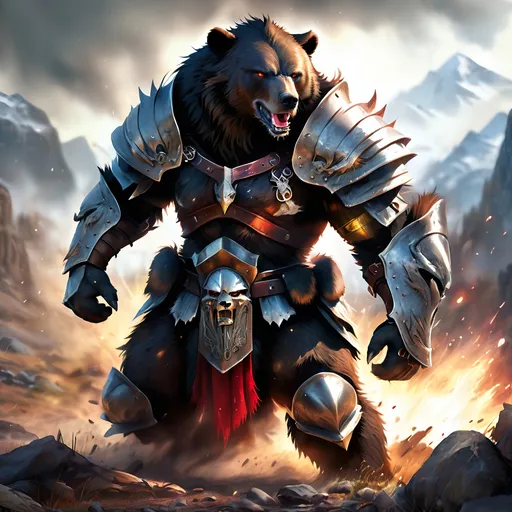 Prompt: Dark bear in realistic digital art, battle-ready, fierce expression, armored fur, war paint details, epic battle scene, high quality, realistic, digital art, intense lighting, rugged landscape, powerful stance, detailed fur texture, menacing aura, dramatic atmosphere, dynamic pose, battle-worn armor, ferocious eyes, epic, gritty, intense color contrast, dramatic lighting, realistic fur, professional quality