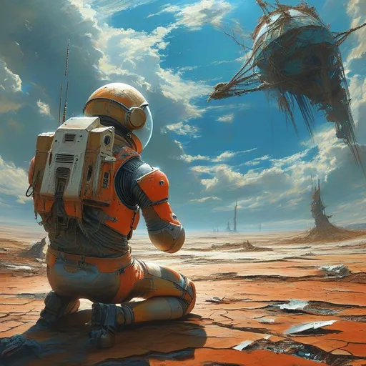 Prompt: A young astronaut, wounded and desperate, kneels on the cracked surface of a devastated Earth. His futuristic space suit is torn in several places, revealing bruises and cuts. His helmet visor is shattered, exposing his face filled with anguish. The world around him is in ruins—collapsed skyscrapers, burning landscapes, and dense smog choking the sky. He reaches out toward a broken satellite, as if searching for a last hope. The scene is depicted in isometric view, with stunning high-qua