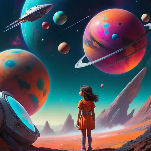 Prompt: A girl looking out towards a flying spaceship landing in outer space with vibrant mithical colours and planets