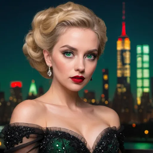 Prompt: A blonde woman with green eyes and blood red lips in a high hairstyle wearing a black ball gown that looks like the Manhattan skyline at night.
