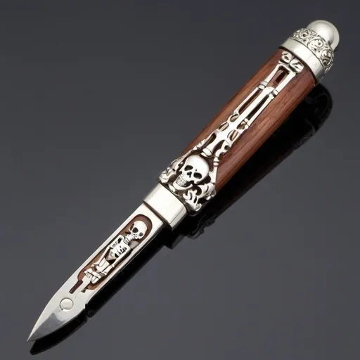 Prompt: a small switchblade, wooden handle with a silver skeleton inlaid.