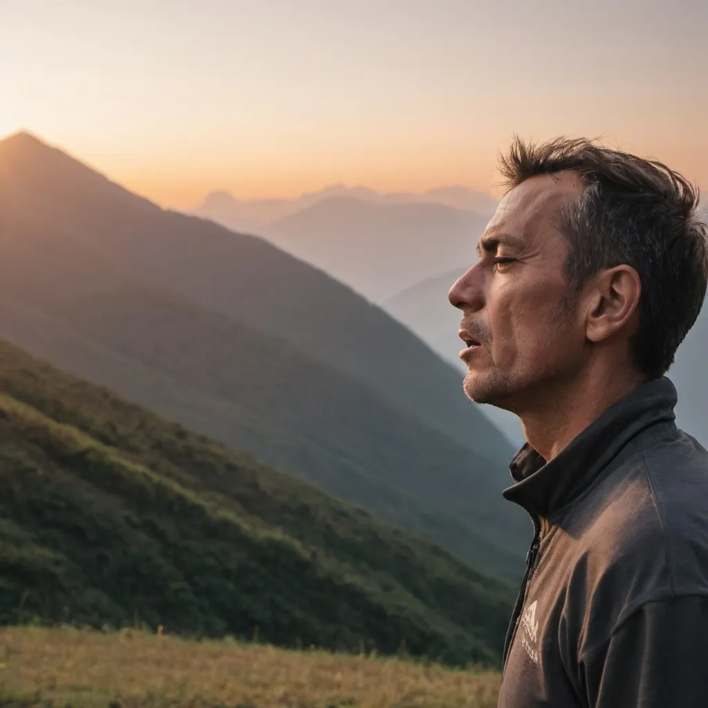 Prompt: a man taking a deep breath with a mountainous background at sunrise